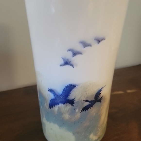 Serene White and Blue Art Glass Vase with Bird Motif
